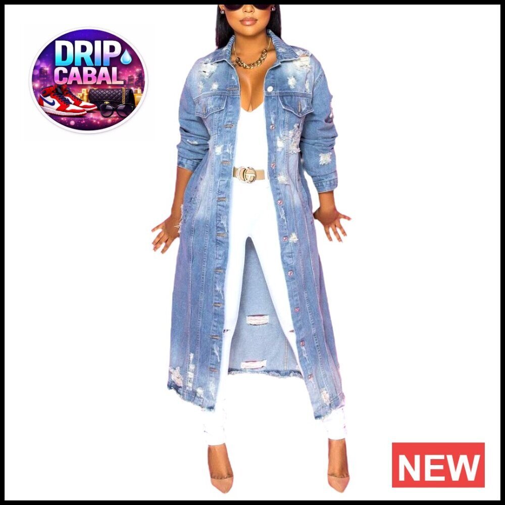 Maxi Long Denim Jacket Ripped Holes Trench Coat Women's Spring Fashion